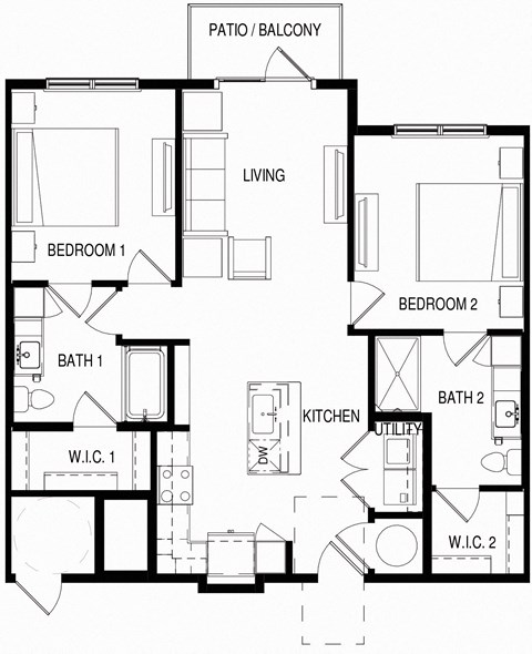 Floor plan for 2 beds, 2 baths, 1021 sqft